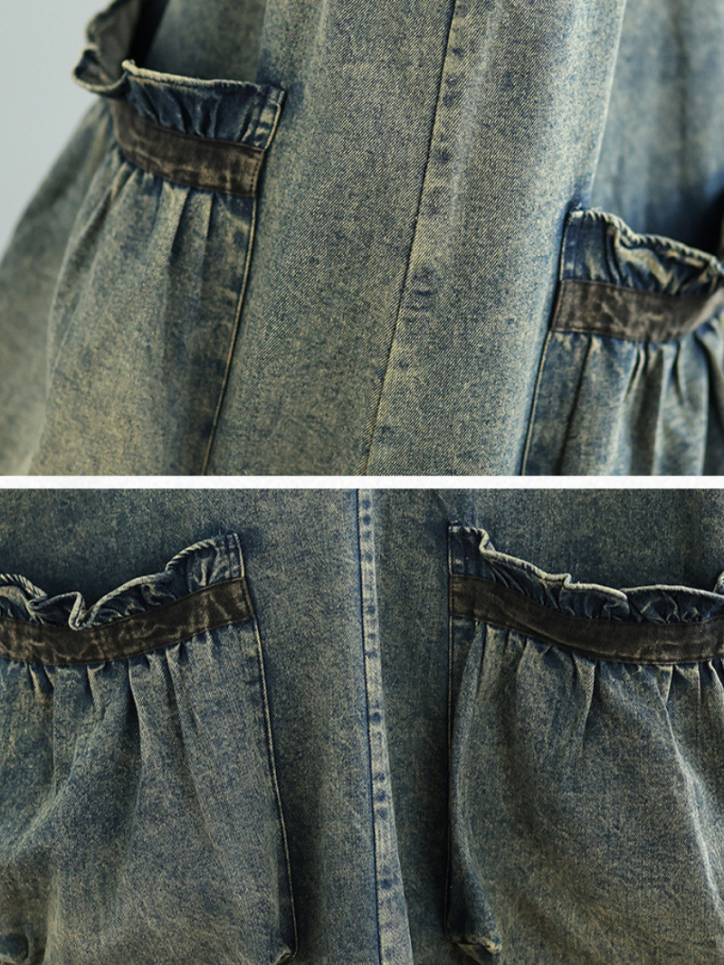 Relaxed V-Neck Denim Dress with Oversized Pockets, Effortless Pinafore