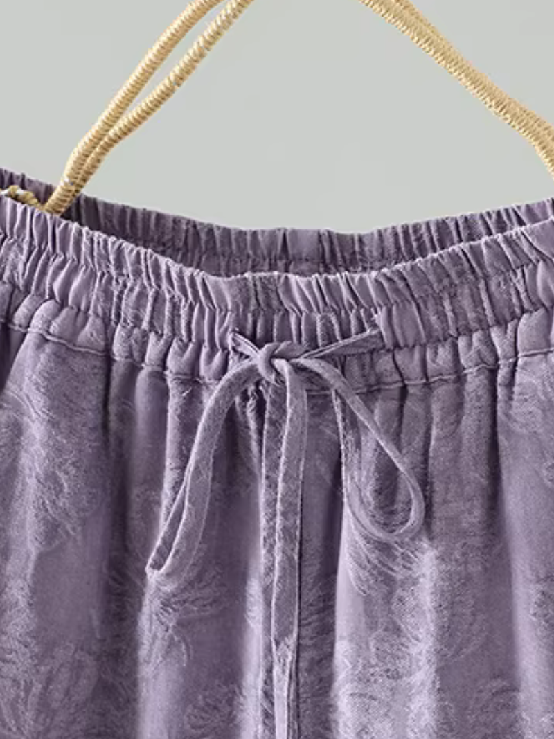 Textured Jacquard Cotton Relaxed Wide-Leg Women's Pants with Drawstring Waist