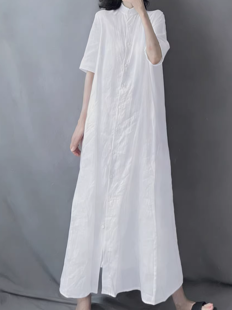 Serene Cotton-Linen Button-Front Maxi Shirt Dress with Mandarin Collar