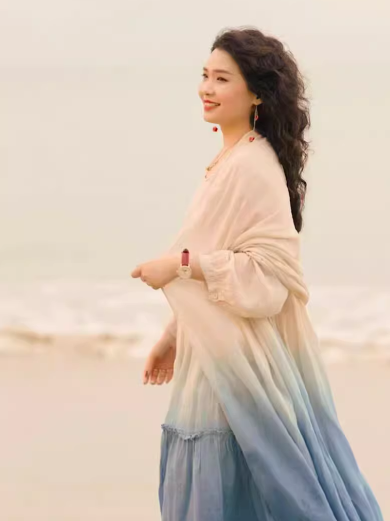 Ombre Ramie Maxi Dress with Gathered Tiers and Poet Sleeves