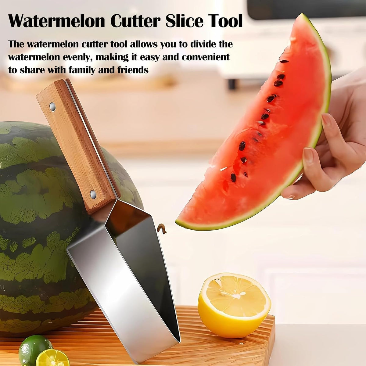 Triangle Watermelon Cutter, Stainless Steel with Wooden Handle - Melon Slicer, Fruit Cutter for Kitchen Gadgets