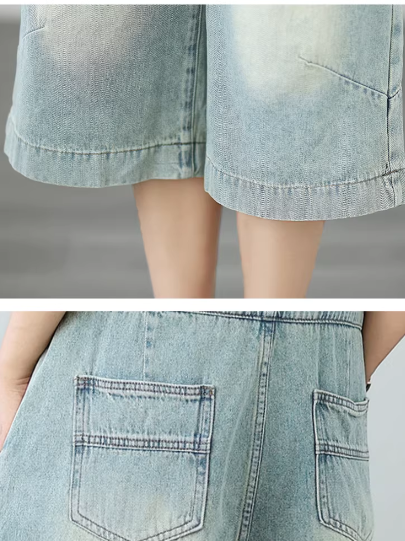 Relaxed Culotte Denim Overalls with Adjustable Straps in Soft Cotton