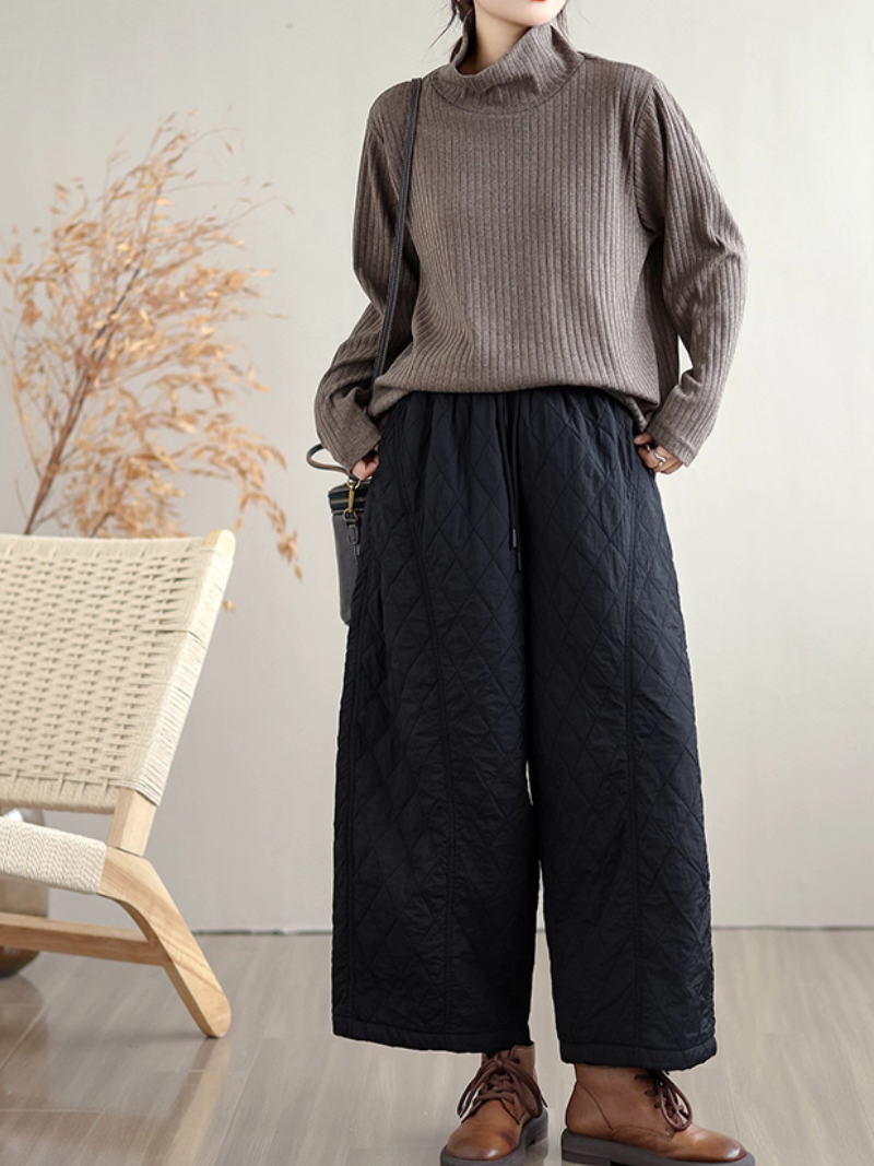 Women's Quilted Wide-Leg Cotton Blend Winter Pants with Drawstring Waist