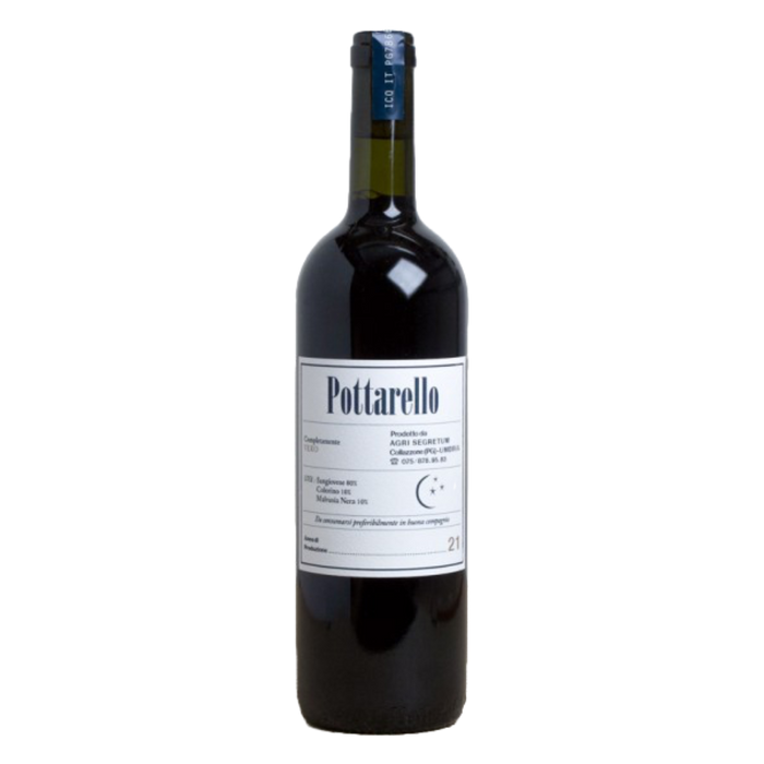 Red wine bottle with Pottarello label and 2021 vintage on white label