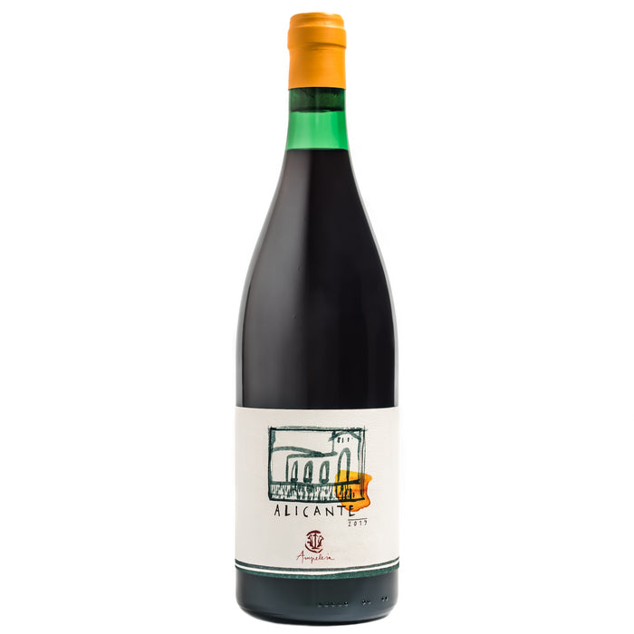 Wine bottle with orange cork, dark glass, Alicante label on front