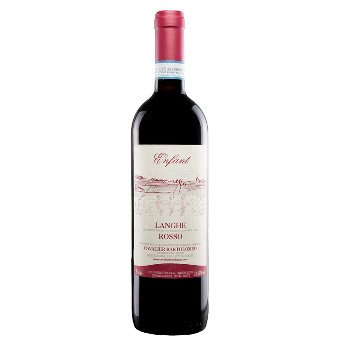 Langhe Rosso red wine bottle with red foil top and cream label