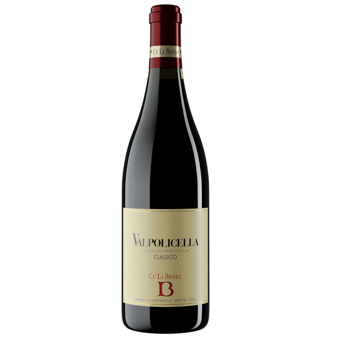 Ca' La Bionda Valpolicella Classico wine bottle, red foil cap, cream label