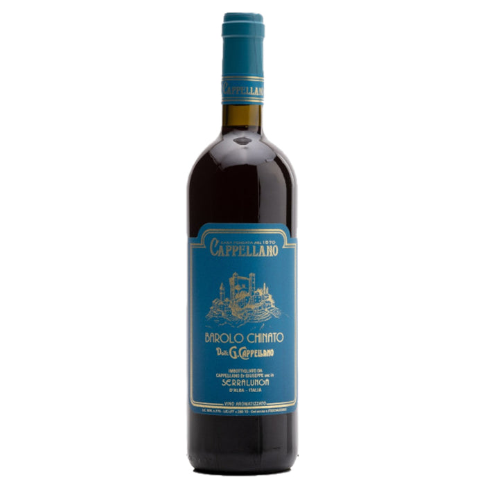Cappellano Barolo Chinato wine bottle, dark glass with blue label