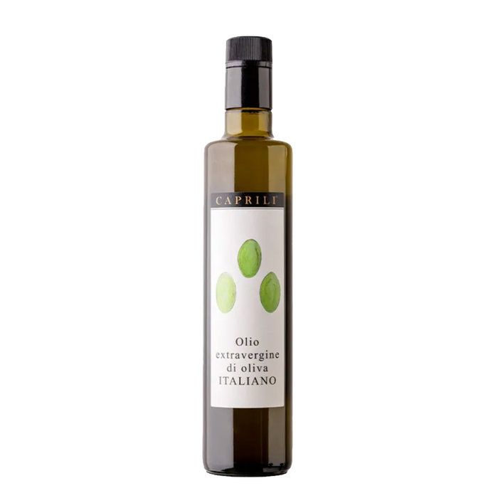 Caprili olive oil bottle with label and dark metal screw cap