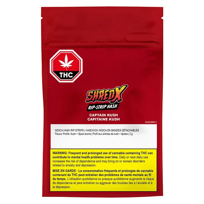 Close-up of Captain Kush Rip Strips packaging with bold red text against a dark background, displaying a warning.