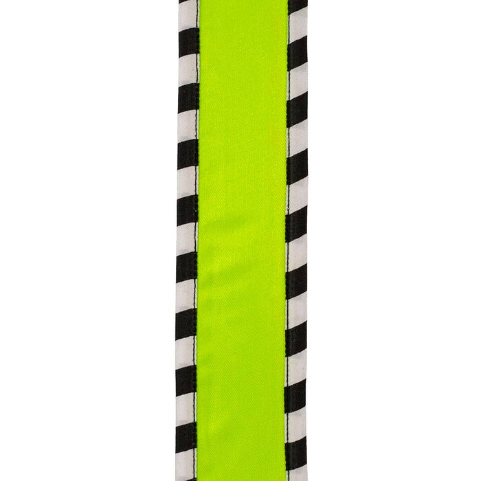 Bright citrus satin ribbon with black-and-white ticking wrapped edges, 1.5 inches wide, shown in loose loops for bows, wreaths, trees, and gift wrapping.