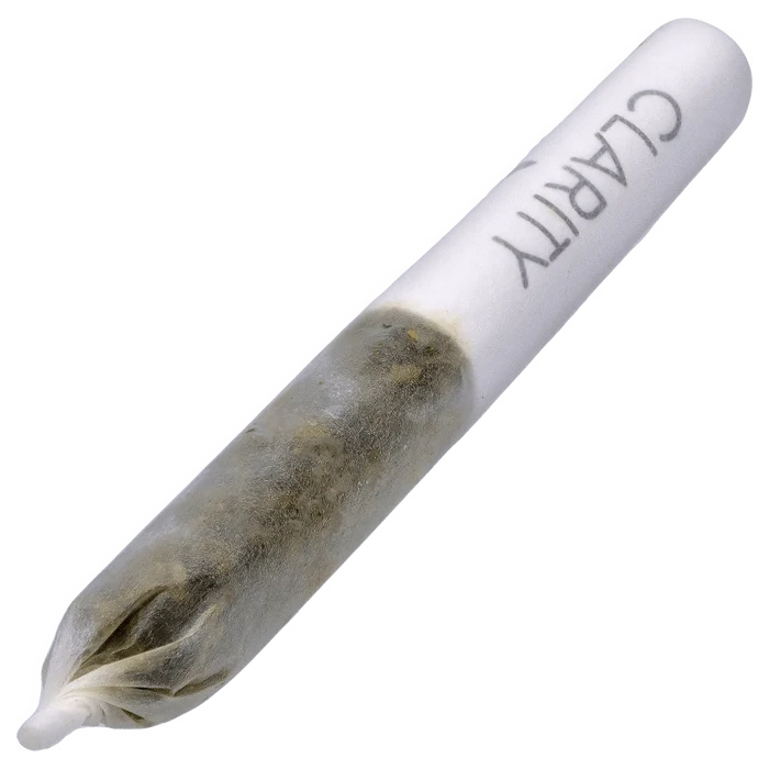 Angled close-up of a rolled joint labeled "Clear Quartz Vs Black Obsidian Diamond Infused PR 6 x 0.25 g" showing the twisted tip and packed herb through translucent paper.