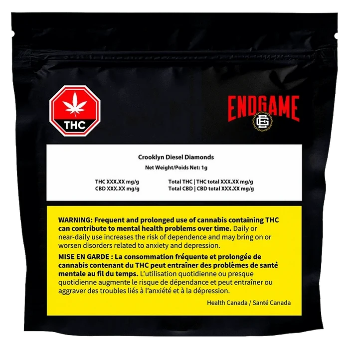 Front view of the Crooklyn Diesel Diamonds packaging with bold red text and a black background, signaling potential health risks.