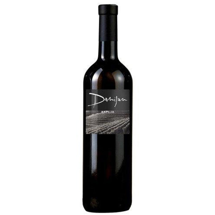 Damijan Bianco Kaplja 2021 wine bottle with dark label and black foil top