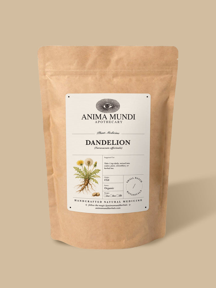 A kraft paper stand-up pouch of Anima Mundi Apothecary Calendula herbal medicine, featuring a white label with botanical illustrations, set against a solid beige background.