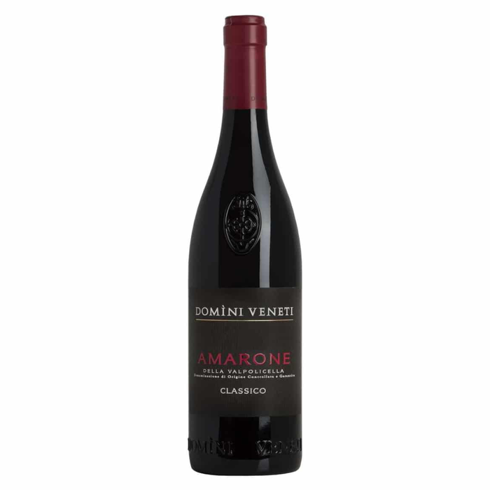 Amarone wine bottle with dark glass, red cap, and Domini Veneti label