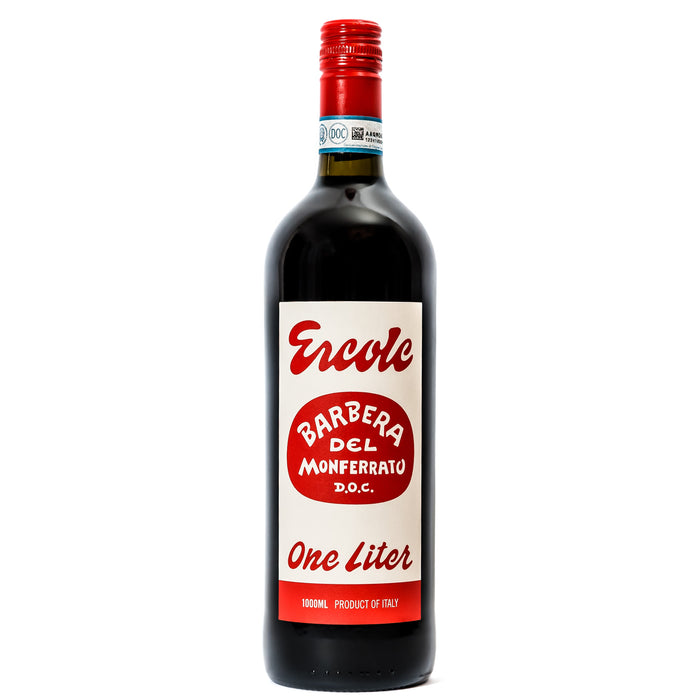Red wine bottle with red cap and red label