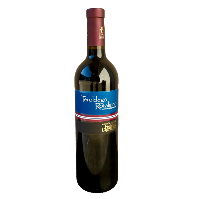 Fedrizzi Cipriano Teroldego Rotaliano 2022 wine bottle with blue label and burgundy cork