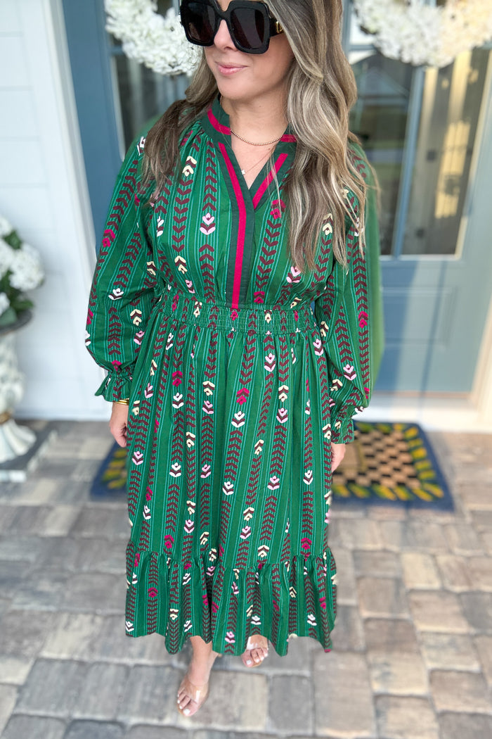Follow Your Path Printed Midi Dress - Forrest Green - B Social Boutique