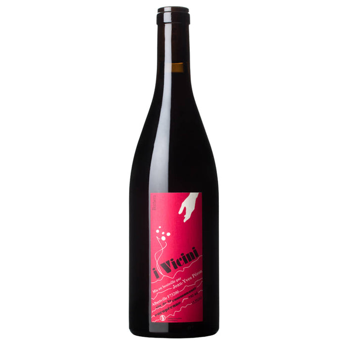 Red-labeled red wine bottle with dark glass and black cap