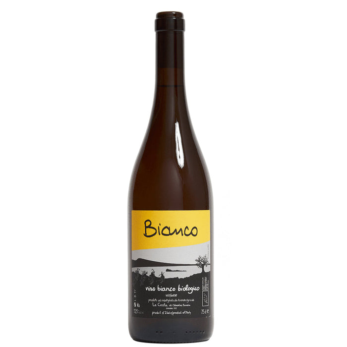 Bianco wine bottle with dark glass and yellow label