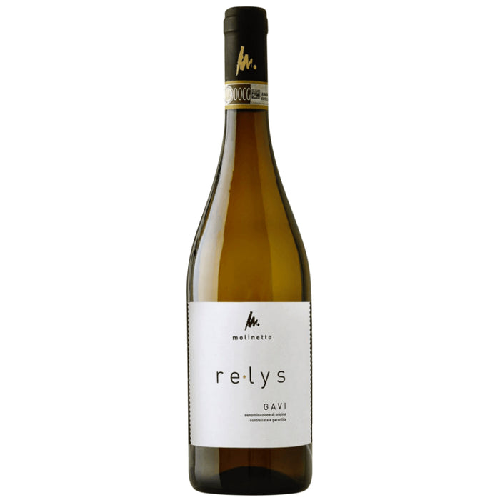 Molinetto ReLys Gavi 2020 white wine bottle with cream label and black cap