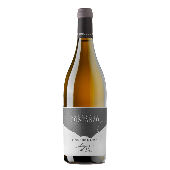 White wine bottle with pale gold liquid and gray label