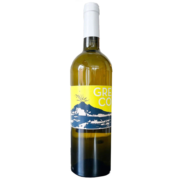 Poggio delle Baccanti Greco 2023 wine bottle with yellow and blue label