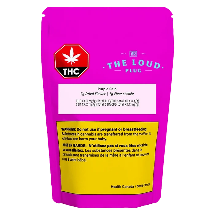 Close-up of the Purple Rain package, displaying bold text and a cannabis leaf against a vibrant purple background.