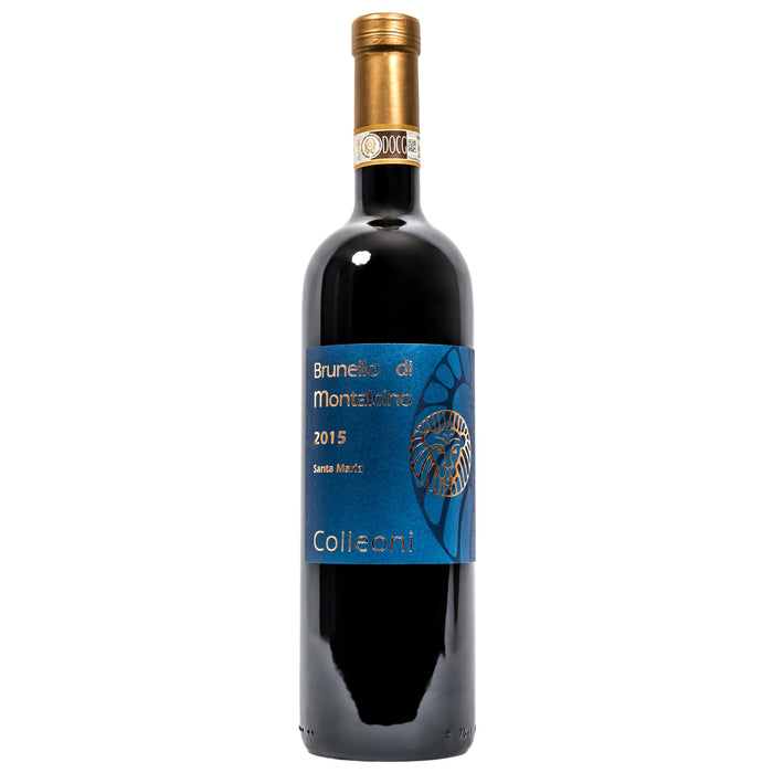 Brunello di Montalcino wine bottle with dark glass and blue label, gold cap
