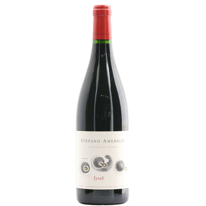 Stefano Amerighi Syrah wine bottle with red foil cap and dark glass