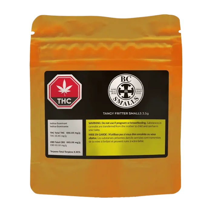 Front view of the Tangy Fritter Smalls packaging with a white label and black text on a dark background.