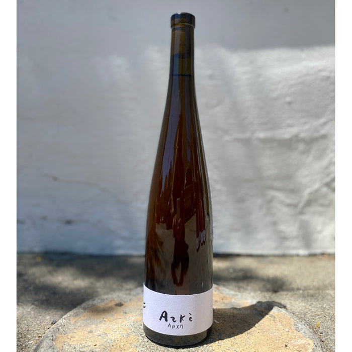 Wine bottle with Arke label, cork top, clear amber glass, 2019 vintage