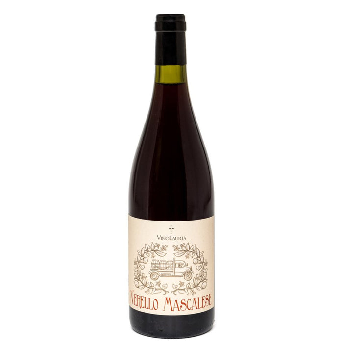 Vino Lauria dark wine bottle with black cap and illustrated front label