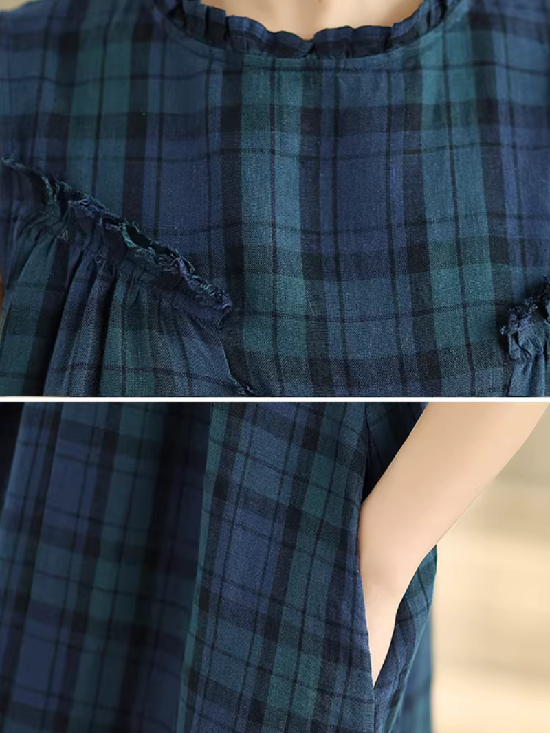 Sleeveless Plaid Maxi Dress in Airy Cotton Linen Blend Elegance