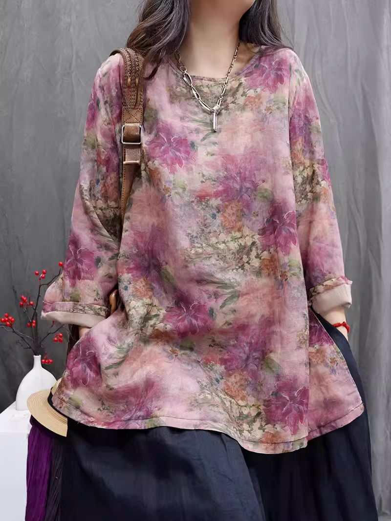 Painterly Floral Cotton Linen Tunic Blouse with Relaxed Long Sleeves