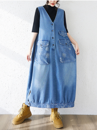 Utility Chic Denim Dress Pinafore with Oversized Floral Patch Pockets
