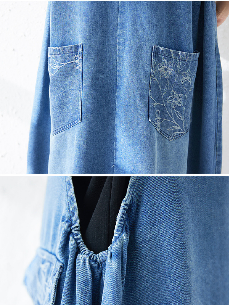 Utility Chic Denim Dress Pinafore with Oversized Floral Patch Pockets