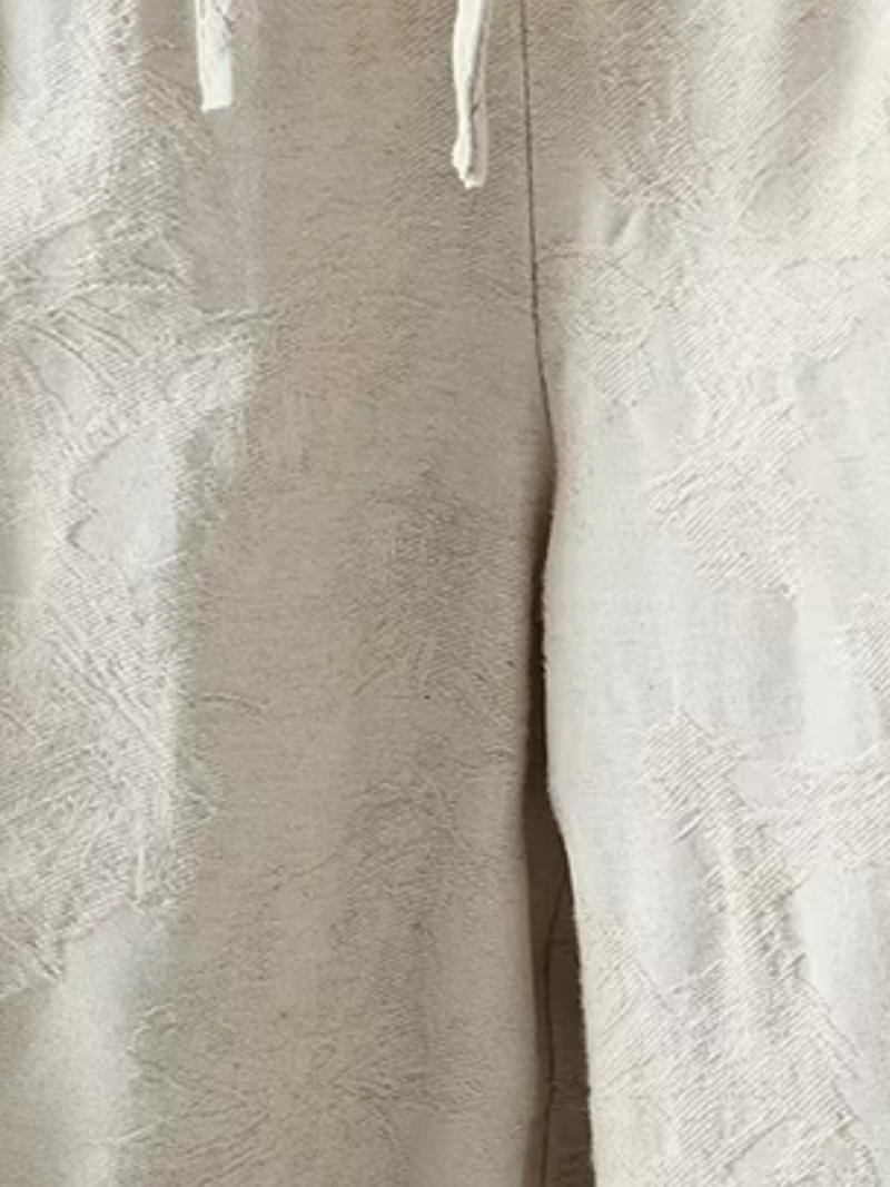 Textured Jacquard Cotton Relaxed Wide-Leg Women's Pants with Drawstring Waist