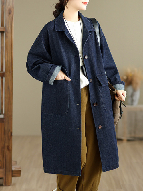 Relaxed Longline Denim Coat in Cotton with Patch Pockets, Effortless Chic