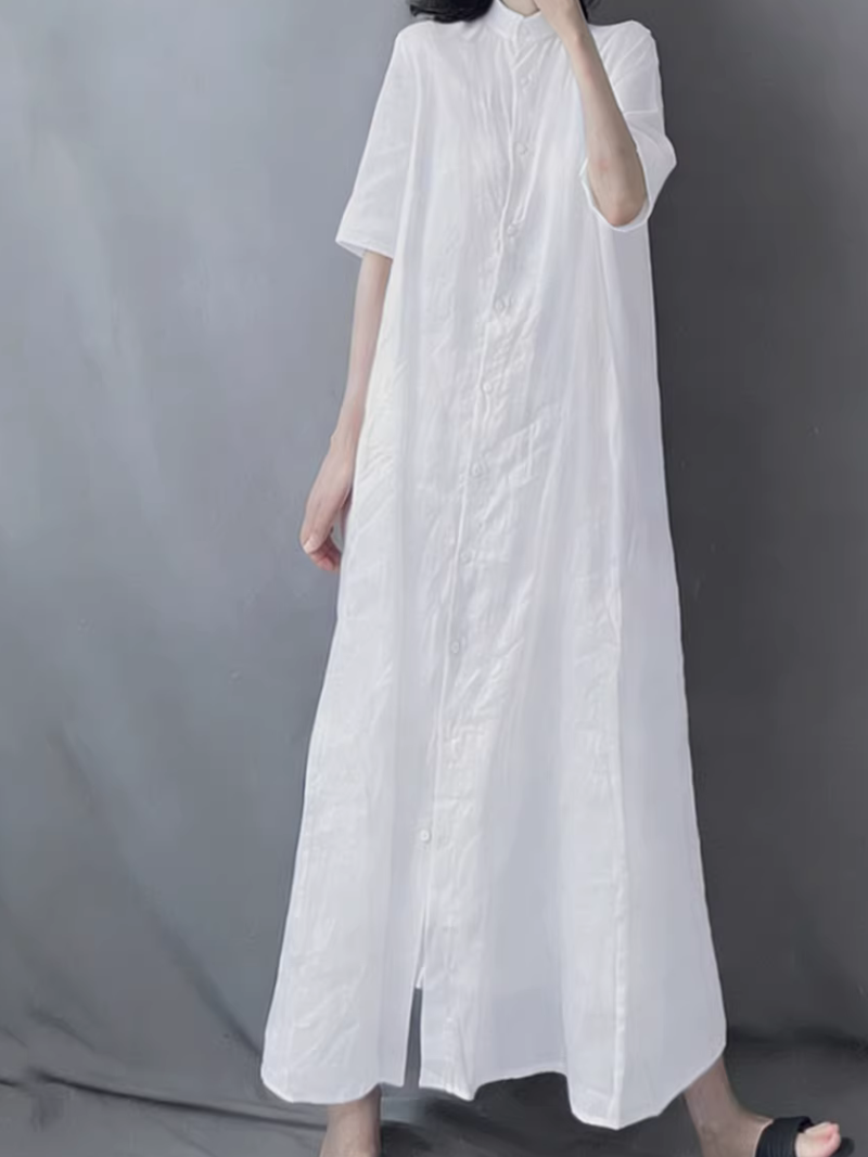Serene Cotton-Linen Button-Front Maxi Shirt Dress with Mandarin Collar