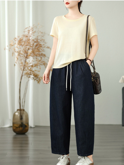 Relaxed Tapered Women's Denim Pants in Cotton with Drawstring Waist