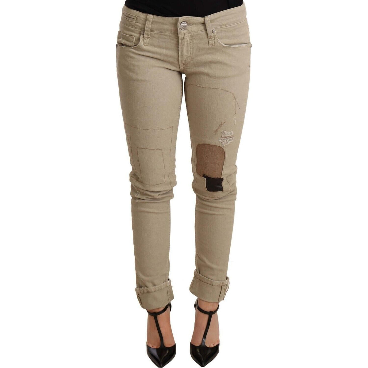 Acht Beige Denim Cotton Bottom Slim Fit Folded Pant