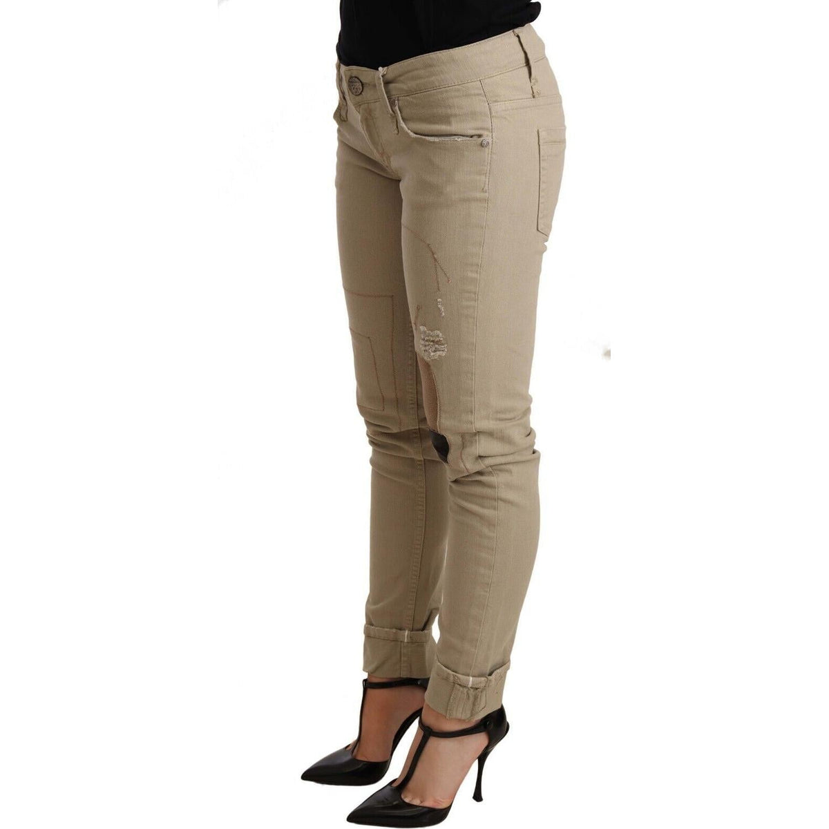 Acht Beige Denim Cotton Bottom Slim Fit Folded Pant