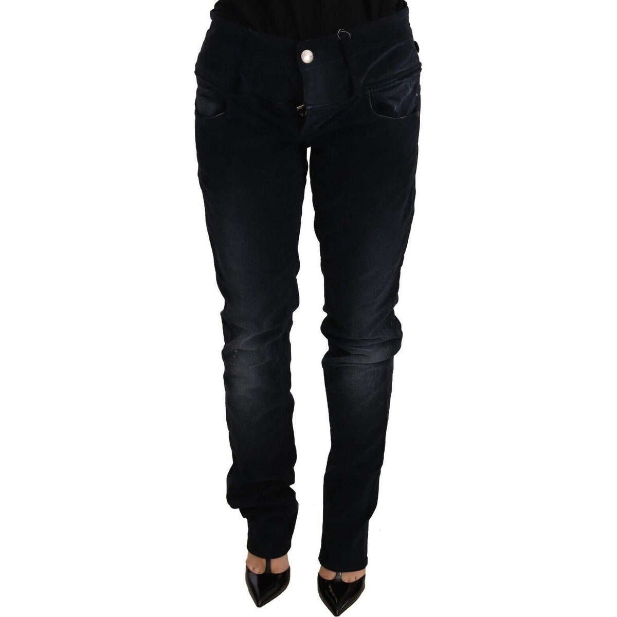 Acht Blue Washed Cotton Denim Low Waist Loose Fit Trousers Jeans