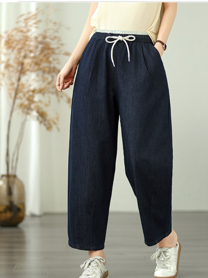 Relaxed Tapered Women's Denim Pants in Cotton with Drawstring Waist