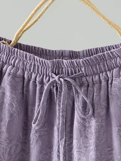 Textured Jacquard Cotton Relaxed Wide-Leg Women's Pants with Drawstring Waist