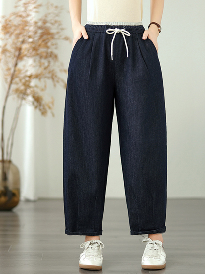 Relaxed Tapered Women's Denim Pants in Cotton with Drawstring Waist