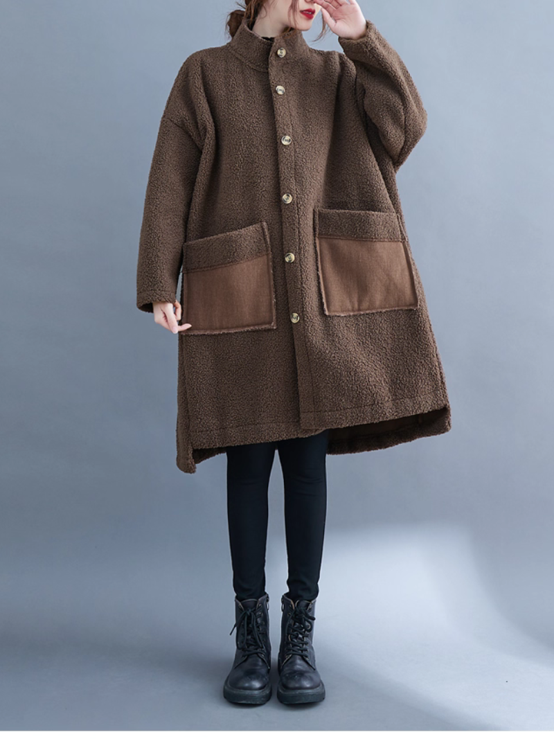 Oversized Lambskin Shearling Coat with Stand Collar and Contrast Patch Pockets