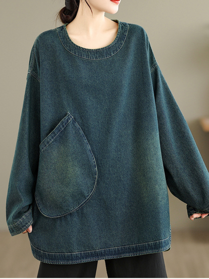 Oversized Denim Cotton Top with Curved Hem and Statement Pocket